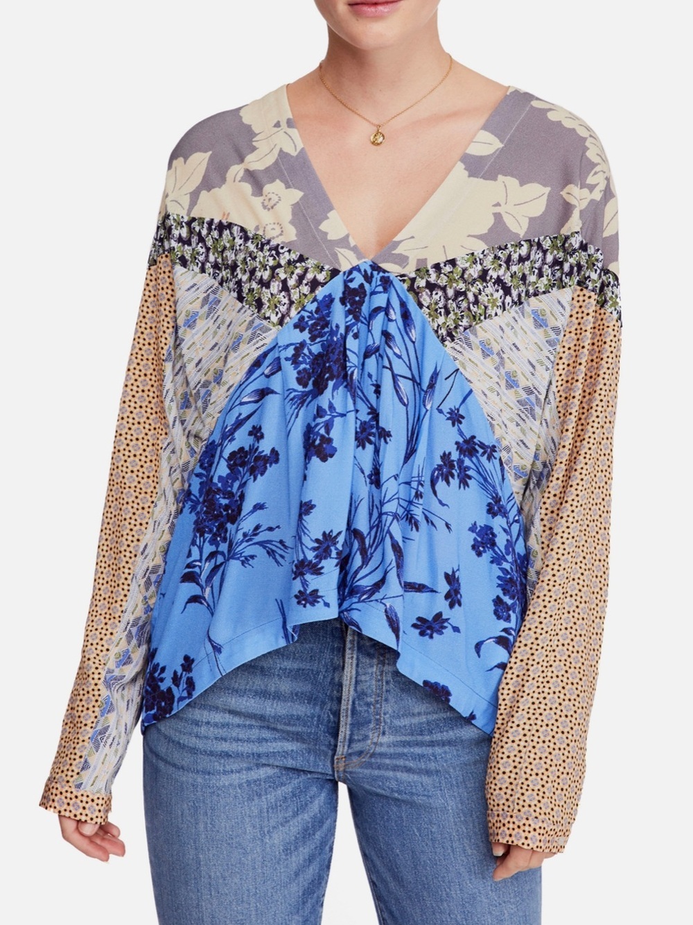 Free People Aloha State of Mind Storm Cloud Patchwork Peplum Blouse L - Picture 3 of 12